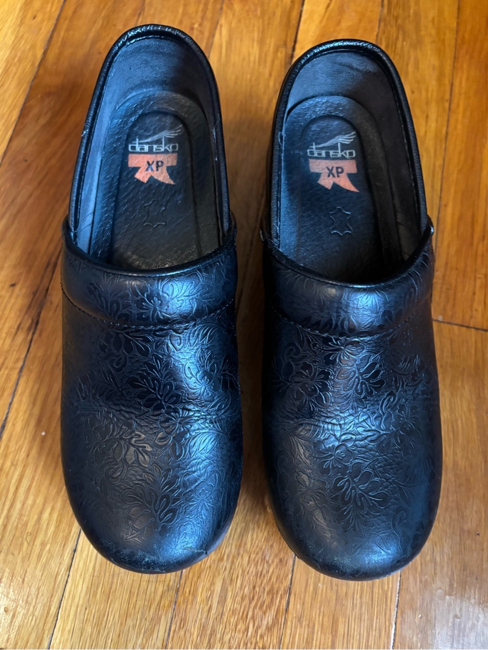 Dansko XP Black Floral Embossed Leather Slip-On Clogs. Women’s US 7.5 - 8, EU 38